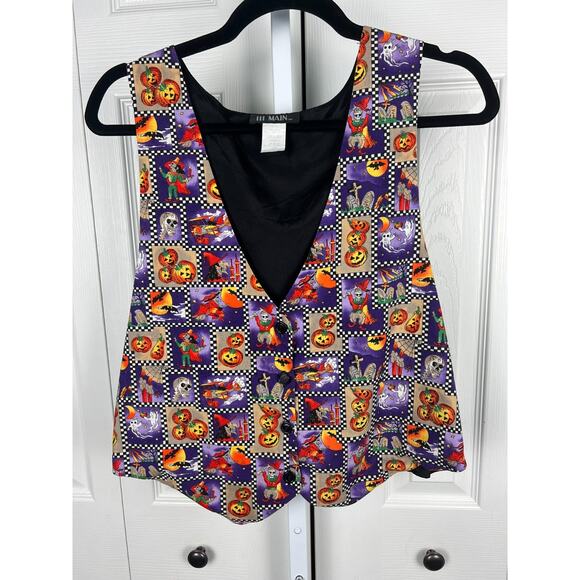 111 Main Vest Women Large Halloween Cartoon Patchwork Checker Print Colorful - Picture 7 of 8